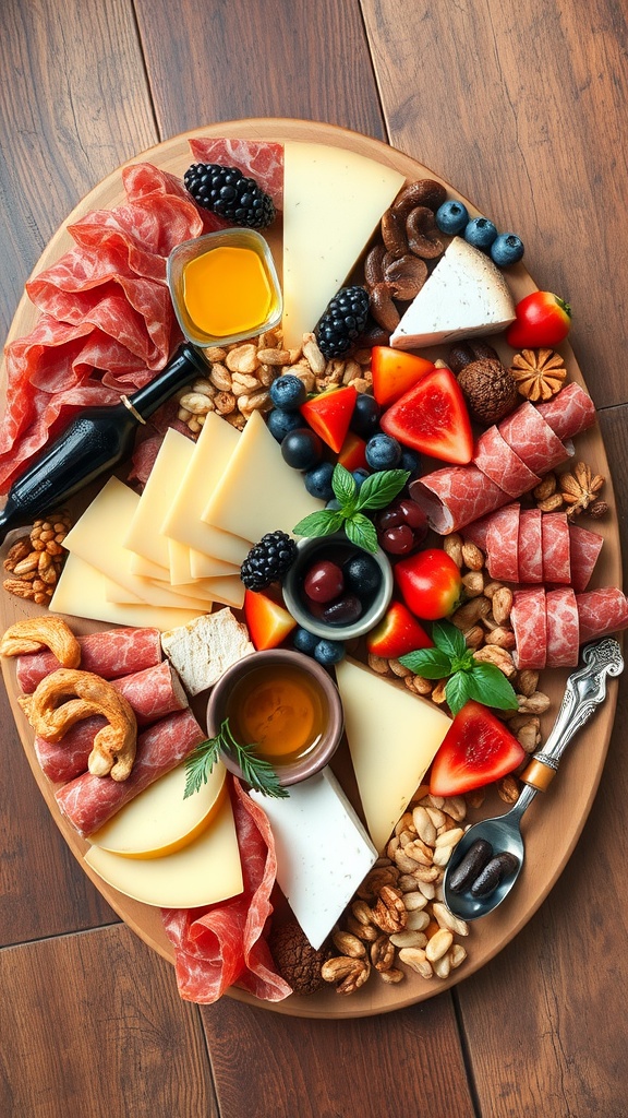 An elegant charcuterie board with cured meats, cheeses, fruits, nuts, and garnishes on a rustic table.
